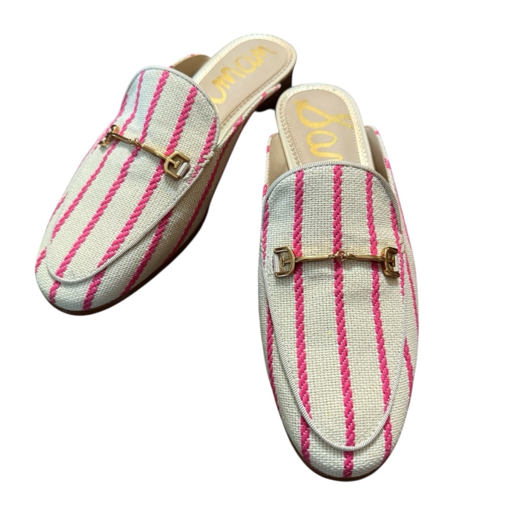 Sam Edelman Taffy Pink Stripe Canvas Linnie Bit Mules Size 7.5 - Picture 6 of 9